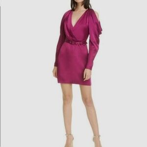 Jonathan Simkhai Cocktail Short Dress, Purple Satin belted long sleeve Size 0